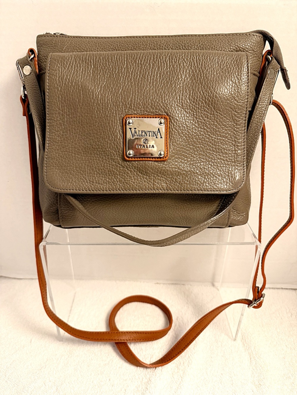 Valentina Italia Italian Pebble Leather Crossbody Shoulder Bag Taupe NWOT